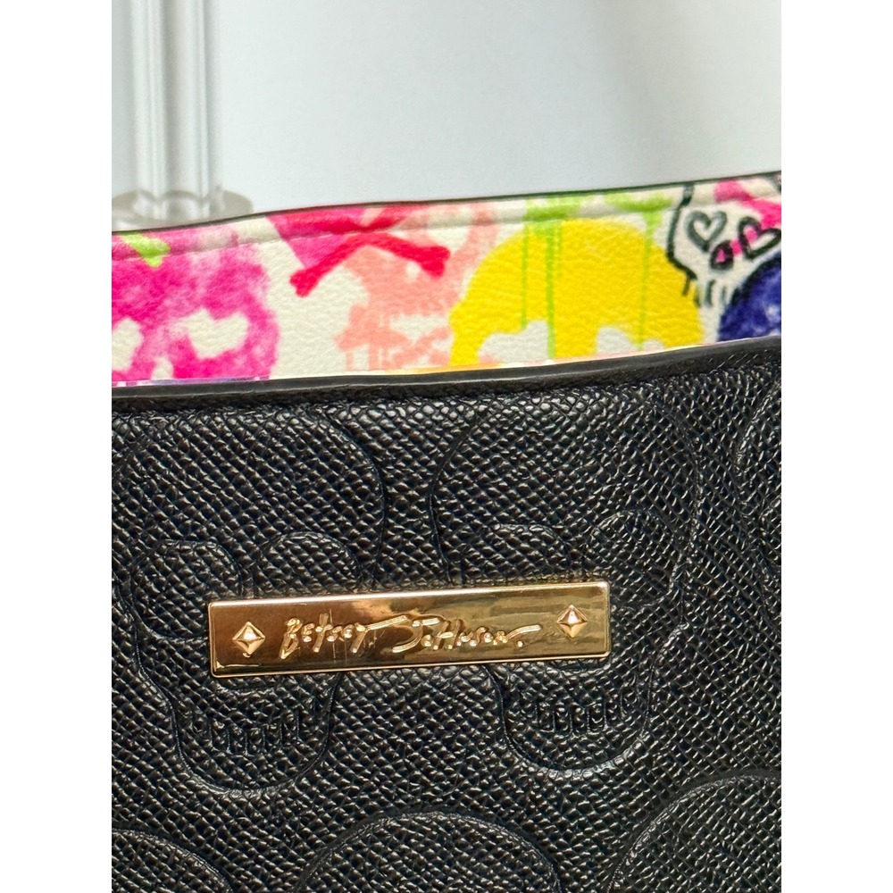 Betsey Johnson Skull Embossed Tote Bag Graffiti Lining Faux Leather Black - Picture 2 of 13